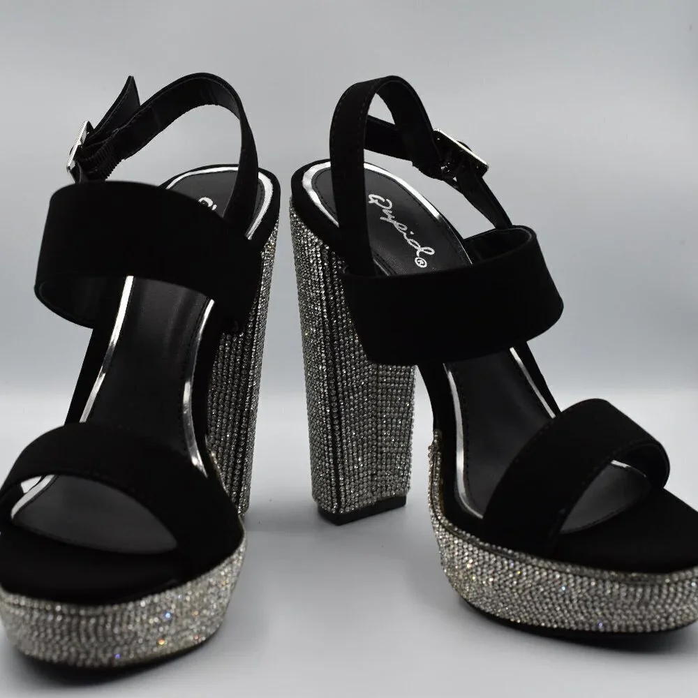 Qupid Black and Rhinestone Platform Heels